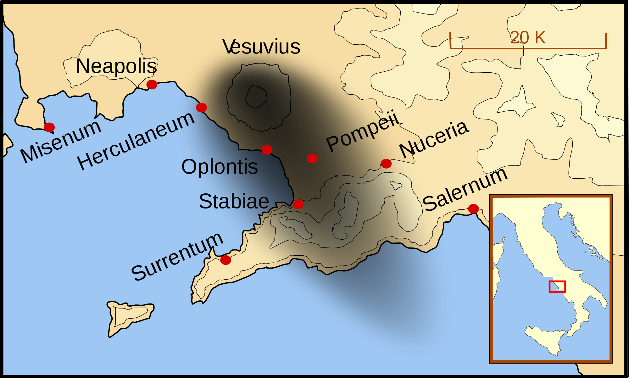 Plan Bay Of Naples 2007 Vesuvius Ash Distibution 79 AD Eruption Showing The Cities And Towns Which Were Affected Wikimedia By MapMaster 